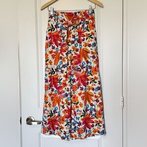 Joie Floral Belted Wide Leg Cropped Pants Colorful Tropical Linen Blend US 2